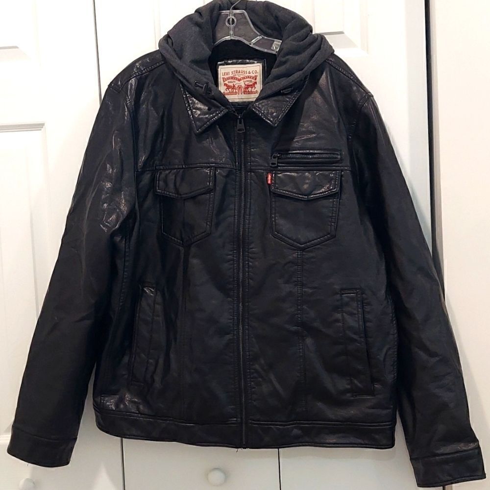 Levi’s Black Faux Leather Sherpa Hooded Bomber Jacket Sz XL - Picture 5 of 16